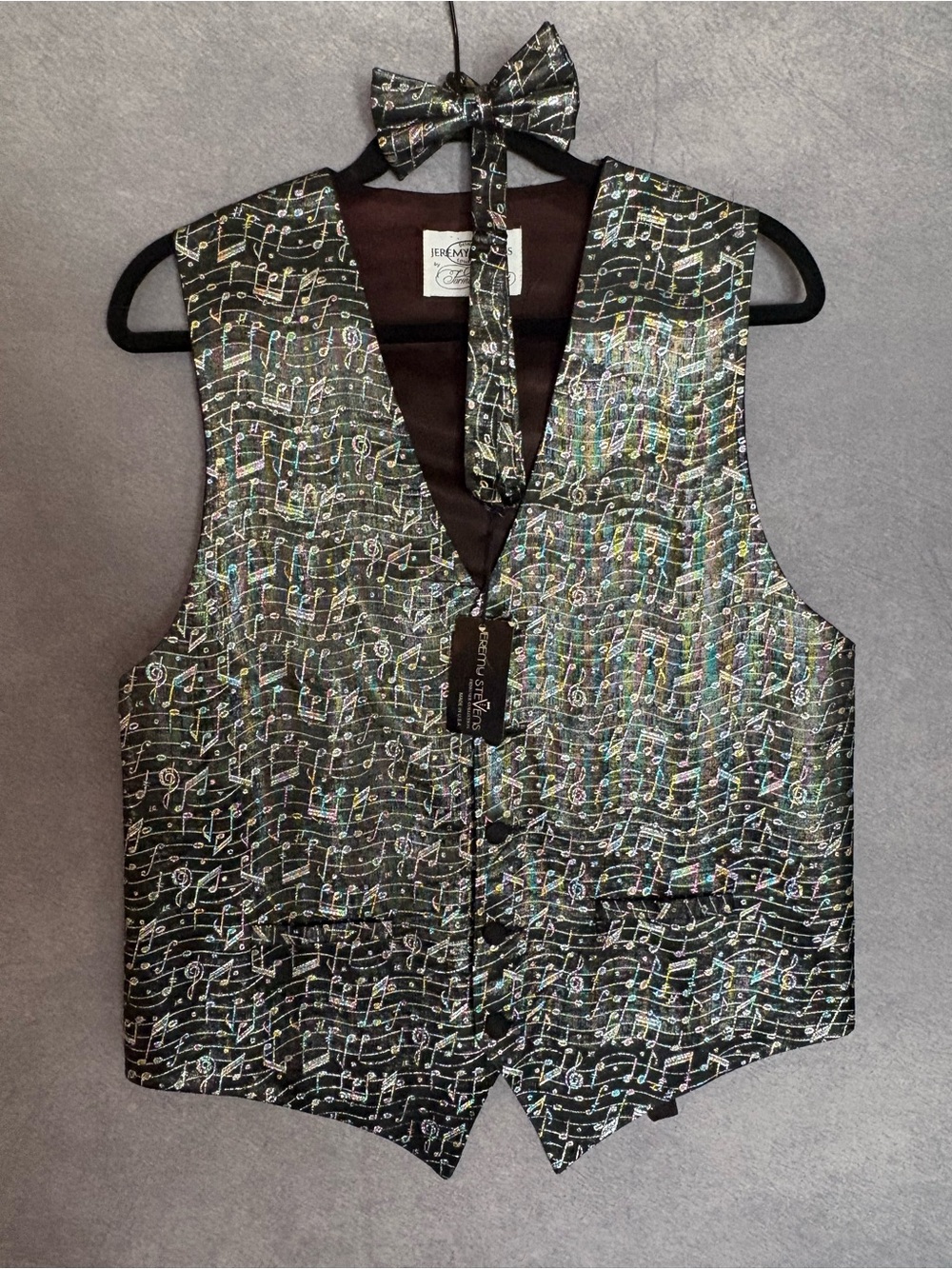 Jeremy Steven’s Formal Satin Holographic Rainbow Music Note Vest & Bow Tie Small